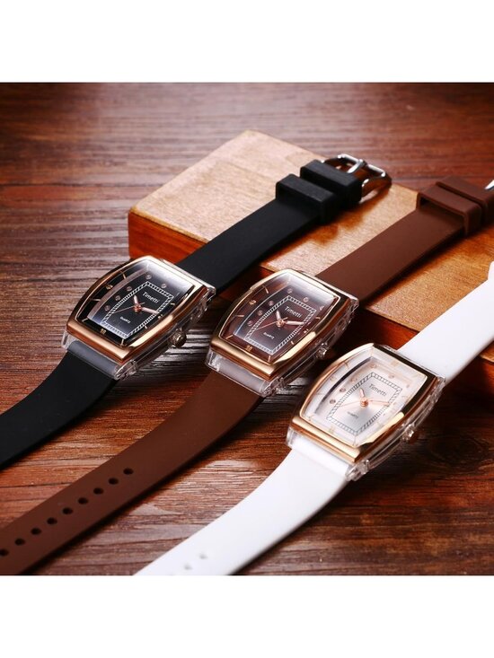 Women\'s Black Analog Quartz Tonneau Dial Adjustable Band Silicone Wrist Watch